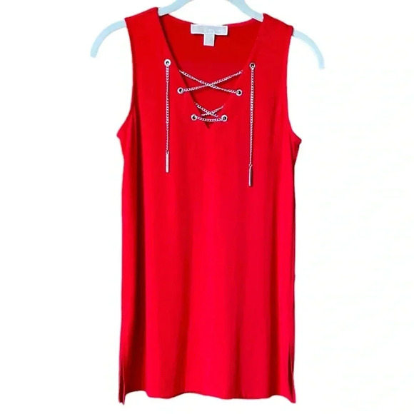 MICHAEL KORS Red Sleeveless Stretchy Blouse V-Neck w/ Silver Chain Detail - Picture 1 of 8